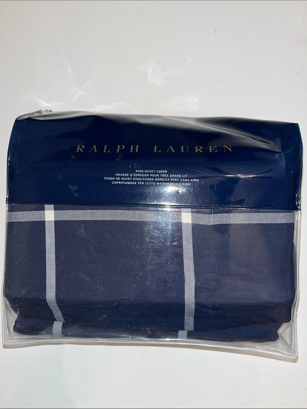 Ralph Lauren Modern Equestrian Windowpane Navy King Duvet 10% Cashmere $570